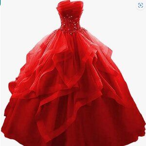 Size 18 Long Red Strapless Ruffles Lace Tulle Ball Gown